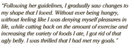 Following her guidelines, I gradually saw changes to my shape that I loved. Without ever being hungry, without feeling like I was denying myself pleasures in life, while cutting back on the amount of exercise and increasing the variety of foods I ate, I got rid of that ugly belly. I was thrilled that I had met my goals.